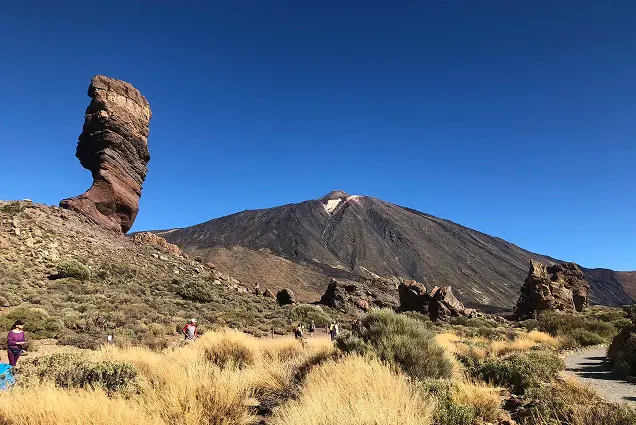 The Roque Cinchado rock and Mount Teide framed against a clear sky in Teide National Park, Tenerife.