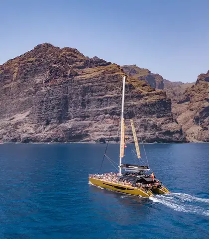 The Freebird One catamaran sailing beneath the cliffs on a whale and dolphin watching trip in Tenerife.