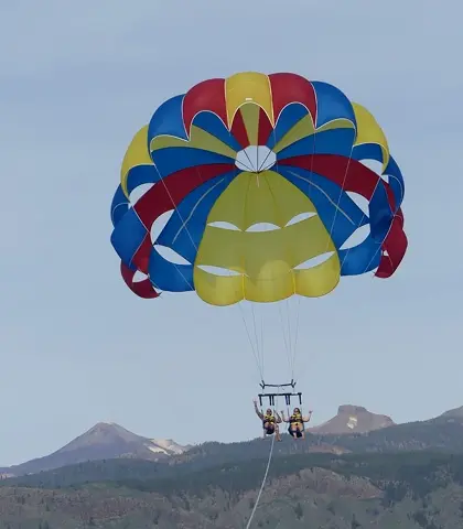 A parasail floating high above the Atlantic off the coast of Costa Adeje in Tenerife.