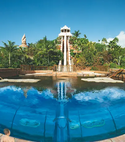 Water slides and tropical scenery at Siam Park in Tenerife.